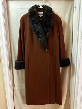 John Caruana Vintage 90s Wool Maxi Coat Faux Fur Collar Cuffs Glam Women’s